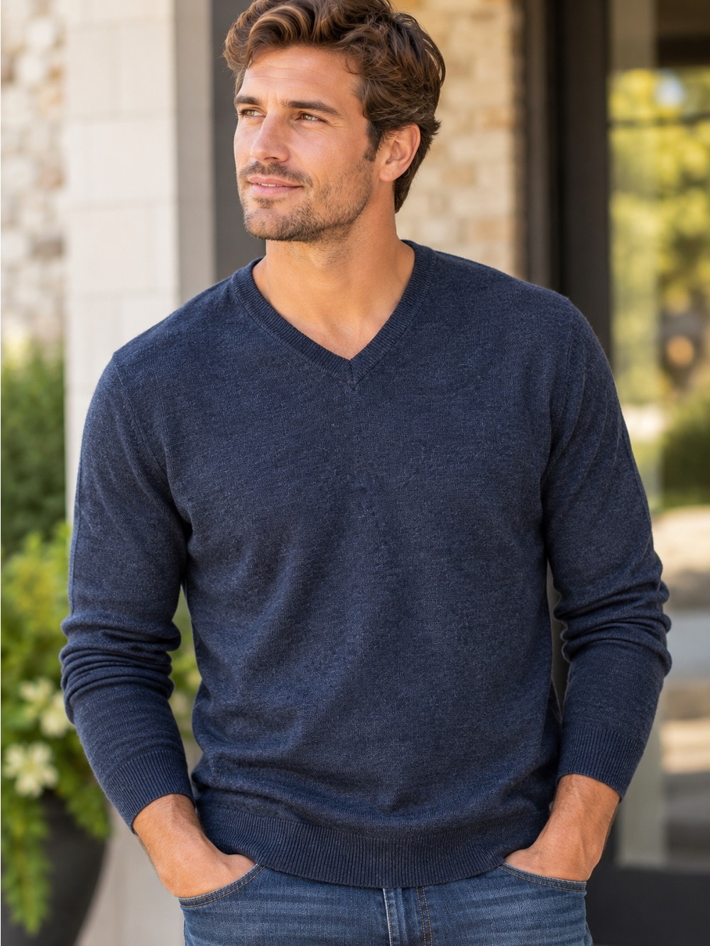 Banana Republic Men’s L 100% Merino Wool V-Neck Sweater Navy Blue Lightweight